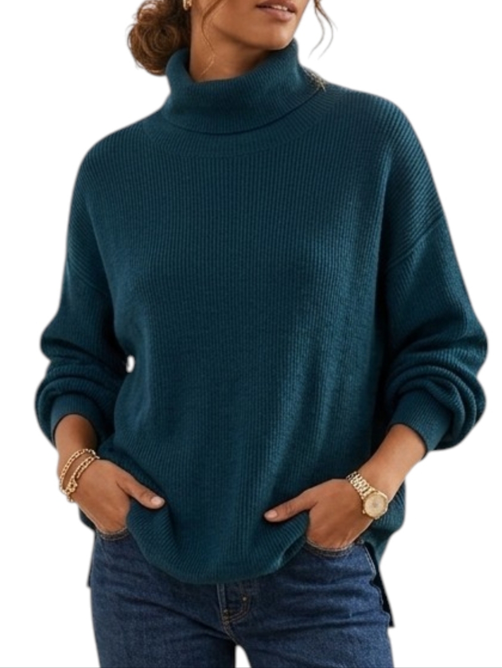 Free People Ottoman Slouchy Tunic Mock Neck Ribbed Sweater Teal Small